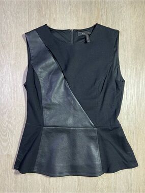 BCBG Max Azria Black Faux Leather Panel Cutout Slit Peplum Top Classic Chic